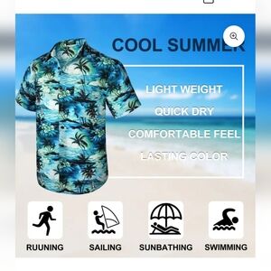 Hisdern Teal Blue Vintage Palm Tree Hawaiian Aloha Print Shirt 3XL